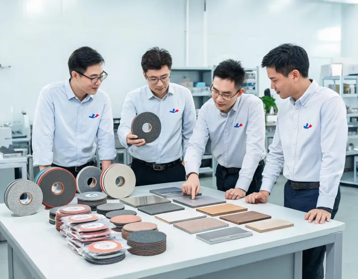 Abrasive product team reviewing sanding and grinding samples
