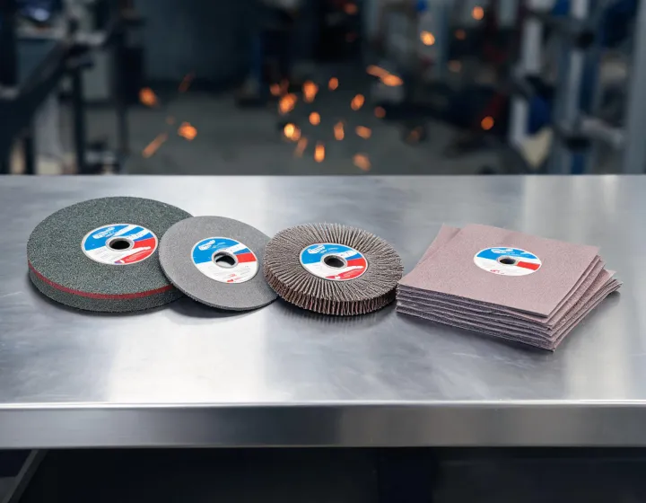 Abrasive wheels and sanding discs on a fabrication bench